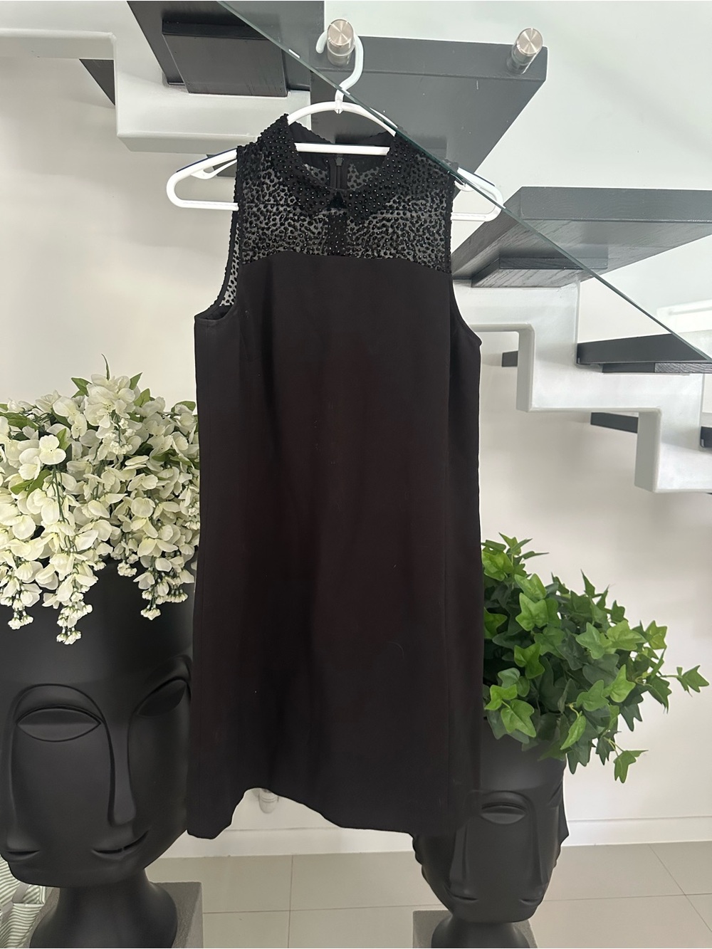 LOFT Black Sleeveless Mini Dress with Lace Yoke